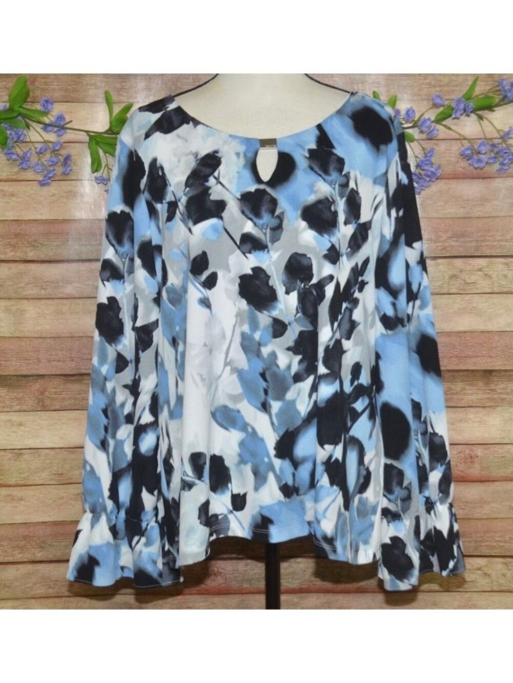 Calvin Klein XL Womens Blouse Blue Watercolor Floral Balloon Sleeve Keyhole Neck